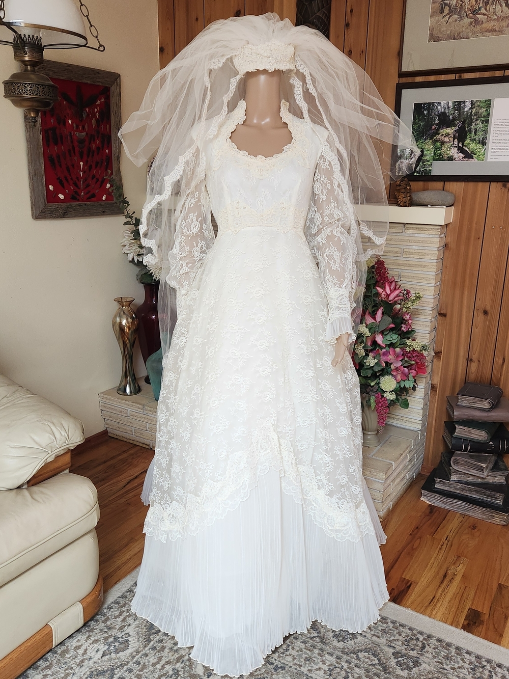 Rare 1960s Victorian Lace Wedding Set: Rose Detail Hat, Veil & Bustled Gown